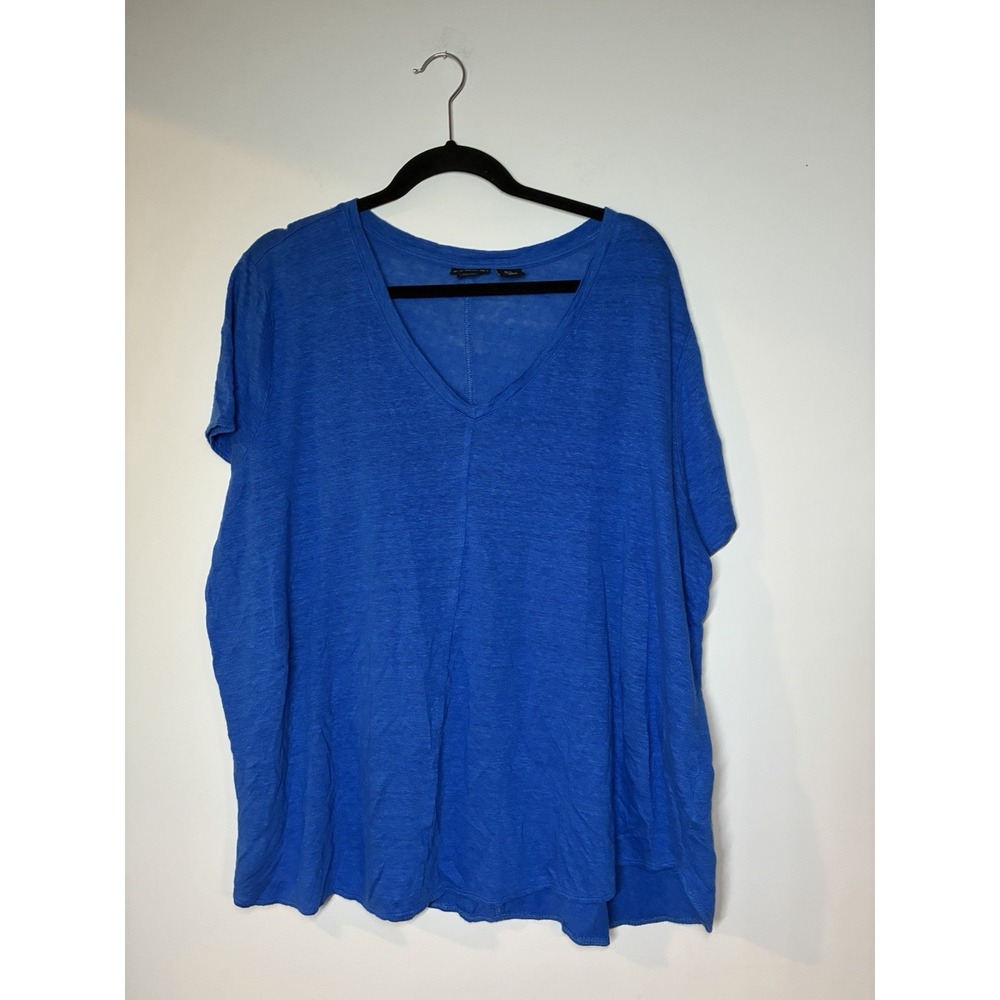 TAHARI Blue 100% Linen V-Neck Short Sleeve Hi-Low Hem Tunic Top Size 3X